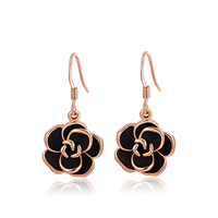 Zinc Alloy Drop Earring brass earring hook Flower rose gold color plated enamel black nickel lead & cadmium free Sold By Pair