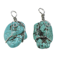 Natuurlijke Turquoise Hanger, Nuggets, platinum plated, blauw, 21-25x46-49x15-19mm, Gat:Ca 6-7mm, 20pC's/Lot, Verkocht door Lot