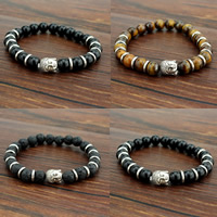 Pulseiras de pedras preciosas, liga de zinco, with misto de pedras semi-preciosas, Buda, banho de cor prata antiga, materiais diferentes para a escolha, níquel, chumbo e cádmio livre, 8mm, comprimento Aprox 7 inchaltura, 3vertentespraia/Bag, vendido por Bag