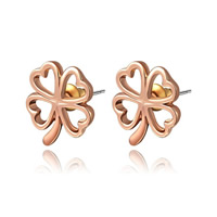 Øremærkning af zinklegeret stud, Zinc Alloy, rustfrit stål ørering indlæg, Four Leaf Clover, rosa guld farve forgyldt, nikkel, bly & cadmium fri, 1.3x1.4cm, Solgt af par