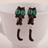 Polymer Clay Cartoon Scoilt Earring, le earnut plaisteach, déanta as cruach dhosmálta iar earring, Cat, lámhdhéanta, 40mm, Díolta De réir Péire