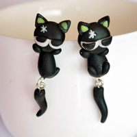 Polymer Clay Cartoon Scoilt Earring, déanta as cruach dhosmálta iar earring, Cat, lámhdhéanta, 45mm, Díolta De réir Péire