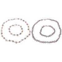 Natural Gekweekte Zoetwater Parel Sieraden Sets, armband & halsketting, messing gesp, Barok, natuurlijk, verschillende stijlen voor de keuze, meer kleuren voor de keuze, 7-8mm, Lengte Ca 7.5 inch, Ca 17 inch, Verkocht door Stel