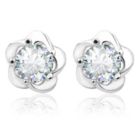 Cubic Zircon ( CZ ) Stud Earring, Zink Alloy, rostfritt stål örhänge inlägg, Blomma, silver pläterad, med cubic zirconia, nickel, bly och kadmium gratis, 8mm, Säljs av Par