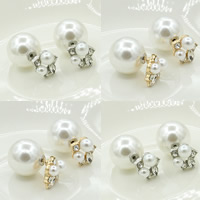 Pendientes de Doble Bola, aleación de zinc, con Perlas de plástico ABS, acero inoxidable aguja de pendiente, chapado, con diamantes de imitación, más colores para la opción, libre de níquel, plomo & cadmio, 15.5mm, Vendido por Par