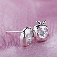 Mässing Stud Earring, med plast earnut, Apple, äkta silver plated, med strass, 9x9mm, Säljs av Par