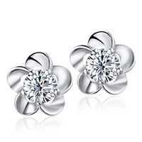 Cubic Zircon ( CZ ) Stud Earring, 925 Sterling Silver, Blomma, platinerade, med cubic zirconia, 6.5x6.5mm, 2Pairs/Bag, Säljs av Bag