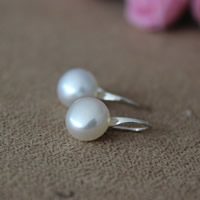 Pearl Fionnuisce Graí Earring, práis Hook earring, Button, dath airgid plated, nádúrtha, bán, 8-9mm, Díolta De réir Péire