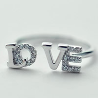 Messing Manchet Finger Ring, woord liefde, echte verzilverd, met strass, 10-12mm, Maat:5, Verkocht door PC