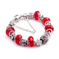 Bracelet European , alliage de zinc, avec chaîne en laiton & cristal, rondelle, mot je t'aime, Plaqué de couleur d'argent, longueur différente pour le choix & facettes & avec strass, protéger l'environnement, sans nickel, plomb et cadmium, 180-200mm, Vendu par brin