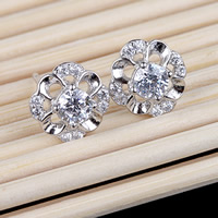 Mässing Stud Earring, Blomma, äkta silver plated, med strass, nickel, bly och kadmium gratis, 8mm, Säljs av Par