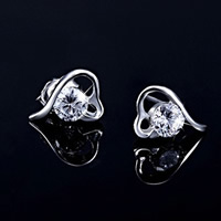 Messing Stud ørering, Heart, sølvfarvet forgyldt, med rhinestone, nikkel, bly & cadmium fri, 8mm, Solgt af par