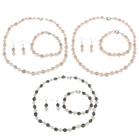 Natural Cultured Freshwater Pearl Jewelry Sets bracelet & earring & necklace brass clasp iron earring hook Rice & two tone 8-9mm Length Approx 17 Inch Approx 7.4 Inch Sold By Set