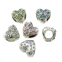 Zinklegering European Beads, Zinc Alloy, Hart, silver plated, zonder troll & met strass & zwart maken, meer kleuren voor de keuze, nikkel, lood en cadmium vrij, 10x9.50x8mm, Gat:Ca 5mm, 100pC's/Lot, Verkocht door Lot