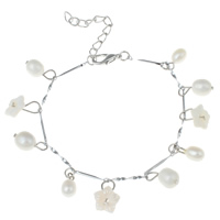 Bracelet en perles de culture d'eau douce, perle d'eau douce cultivée, avec coquille d'eau douce & laiton, avec 4cm chaînes de rallonge, riz, Placage de couleur platine, naturel & chaîne de bar, blanc, 6-7mm, Vendu par Environ 7 pouce brin