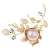 Freshwater Pearl Broche, Messing, med Ferskvandsperle, Flower, guldfarve belagt, naturlige & med rhinestone & mat, nikkel, bly & cadmium fri, 42x38x16mm, 13-14mm, Solgt af PC