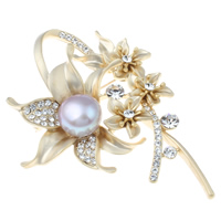 Freshwater Pearl Broche, Messing, med Ferskvandsperle, Flower, guldfarve belagt, naturlige & med rhinestone & mat, nikkel, bly & cadmium fri, 55x38x15mm, 12-13mm, Solgt af PC