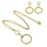 Strass Stainless Steel Jewelry Set, oorbel & halsketting, Roestvrij staal, gold plated, ovale keten & met strass, 11.5x21x6mm, 24x29x4mm, 2x0.5mm, 42.5mm, 11.5x15x13mm, 24x28.5x4mm, Lengte Ca 19 inch, 5sets/Lot, Verkocht door Lot