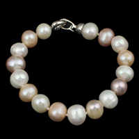 Sötvatten odlade Pearl Bracelet, Freshwater Pearl, mässing Foldover lås, Potatis, naturlig, med 925 logotyp, flerfärgad, 10-11mm, Såld Per Ca 7.5 inch Strand