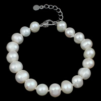 Fionnuisce saothraithe Pearl Bracelet, Pearl Fionnuisce, práis clasp gliomach, le 4cm slabhra extender, Prátaí, nádúrtha, bán, 9-10mm, Díolta Per Thart 7.5 Inse Snáithe