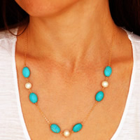 fer collier, avec Plastique ABS perle & turquoise synthétique, Placage de couleur d'or, chaîne ovale, protéger l'environnement, sans nickel, plomb et cadmium, 45cm, Longueur Environ 17.5 pouce, 3Strandstoron/sac, Vendu par sac