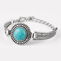 Bracelet en alliage de zinc, avec turquoise synthétique, avec 6.5cm chaînes de rallonge, Plat rond, Plaqué de couleur d'argent, bleu, protéger l'environnement, sans nickel, plomb et cadmium, 110mm, Longueur Environ 6-7 pouce, 2Strandstoron/sac, Vendu par sac