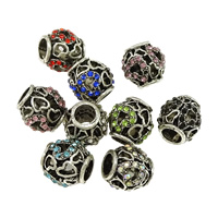 Zinc Alloy European perler, Drum, sølvfarvet forgyldt, uden trold & med rhinestone & hule & sværte, flere farver til valg, nikkel, bly & cadmium fri, 11x11mm, Hole:Ca. 5mm, 50pc'er/Lot, Solgt af Lot