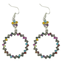 aleación de zinc Pendientes con Colgantes, hierro aro de pendiente, Donut, chapado en color de plata antigua, con diamantes de imitación, libre de níquel, plomo & cadmio, 68x33mm, Vendido por Par