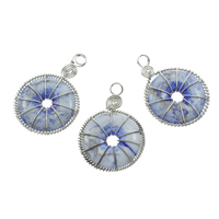 Tache bleue Pendentif, avec fer, Plat rond, Placage de couleur platine, 33x50x6mm, Trou:Environ 5mm, 10PC/sac, Vendu par sac