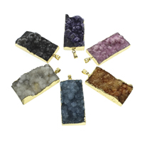 Ágata Natural Druzy Pendant, Ágata quartzo de gelo, with fiança de ferro, Retângulo, cromado de cor dourada, estilo druzy, cores misturadas, 26x50x8mm-27x51x9mm, Buraco:Aprox 5x6mm, 10PCs/Bag, vendido por Bag