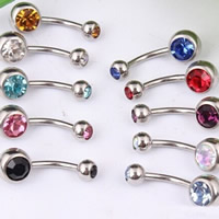 Rustfrit stål Belly Ring, Stainless Steel, med rhinestone, blandede farver, 5mm, 8mm, 50pc'er/Lot, Solgt af Lot