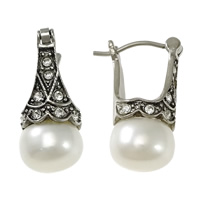 Boucles d'oreilles en perles d'eau douce, acier inoxydable, avec perle d'eau douce cultivée, naturel, avec strass & noircir, blanc, 9.50x22x4.50mm, Vendu par paire