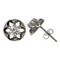 Stainless Steel Stud Øreringe, Flower, med cubic zirconia & sværte, 9.50x16mm, 10par/Lot, Solgt af Lot