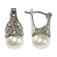 Freshwater Pearl øreringe, Stainless Steel, med Ferskvandsperle, naturlig, med rhinestone, hvid, 9x20x14mm, Solgt af par