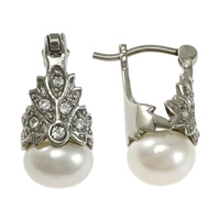 Freshwater Pearl øreringe, Stainless Steel, med Ferskvandsperle, naturlig, med rhinestone, hvid, 9x19.50x14mm, Solgt af par