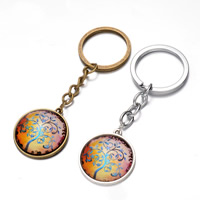 Zinc Alloy Key Chain, med jernring & Glas, Flad Rund, forgyldt, livets træ design & tid perle smykker, flere farver til valg, nikkel, bly & cadmium fri, 25x80mm, Hole:Ca. 26mm, Længde Ca. 3 inch, 12Strands/Bag, Solgt af Bag