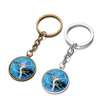 Cink Alloy Key Chain, s željezni kolut & Staklo, Stan Okrugli, pozlaćen, drvo života dizajna & Vrijeme dragulj nakit, više boja za izbor, nikal, olovo i kadmij besplatno, 25x80mm, Rupa:Približno 26mm, Dužina Približno 3 inčni, 12pramenovi/Torba, Prodano By Torba