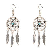 Zinc Alloy Dreamcatcher Earring, met Synthetische Turquoise, ijzer oorbel haak, antiek zilver plated, nikkel, lood en cadmium vrij, 76mm, 3paren/Bag, Verkocht door Bag