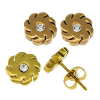 Stainless Steel Stud Øreringe, Flower, forgyldt, med rhinestone, flere farver til valg, 8x8x12mm, 10par/Lot, Solgt af Lot