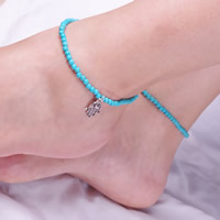 Turquoise sintéiseach anklet, le Sinc Alloy, Hamsa, Ioslam jewelry, gorm, 200mm, Fad Thart 7.5 Inse, 3Snáitheanna/Mála, Díolta De réir Mála