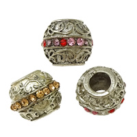 Zinc Alloy European perler, Drum, sølvfarvet forgyldt, uden trold & med rhinestone & sværte, blandede farver, nikkel, bly & cadmium fri, 12.50x11mm, Hole:Ca. 5mm, 100pc'er/Lot, Solgt af Lot