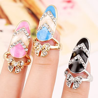 Zinc Alloy Nail fingerring, Bowknot, forgyldt, emalje & med rhinestone, flere farver til valg, nikkel, bly & cadmium fri, 30x15mm, Størrelse:2, Solgt af PC