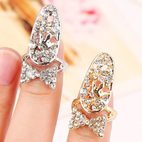 Zinc Alloy Nail fingerring, Bowknot, forgyldt, med rhinestone, flere farver til valg, nikkel, bly & cadmium fri, 28x15mm, Størrelse:2, Solgt af PC