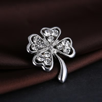 Rhinestone Brooch Zinc Alloy Four Leaf Clover platinum color plated with rhinestone nickel lead & cadmium free Sold By Bag