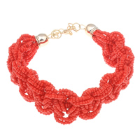 Missangas de vidro pulseira, with liga de zinco, with 5cm extender chain, cromado de cor dourada, kumihimo, vermelho, 2x1-3x3mm, vendido para Aprox 7.5 inchaltura Strand