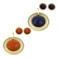 Resin sieraden sets, hanger & oorbel, Roestvrij staal, met Hars, Rond plat, gold plated, gefacetteerde, meer kleuren voor de keuze, 40.5x40.5x8.5mm, 18x18mm, Gat:Ca 5x6mm, 10sets/Lot, Verkocht door Lot