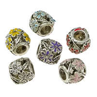 Zinklegering European Beads, Zinc Alloy, Drum, silver plated, met bloempatroon & zonder troll & glazuur & zwart maken, meer kleuren voor de keuze, nikkel, lood en cadmium vrij, 10x9mm, Gat:Ca 4.5mm, 100pC's/Lot, Verkocht door Lot