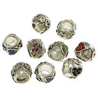 Zinklegering European Beads, Zinc Alloy, Drum, silver plated, met hart patroon & zonder troll & met strass & zwart maken, meer kleuren voor de keuze, nikkel, lood en cadmium vrij, 7.50x9.50mm, Gat:Ca 5mm, 100pC's/Lot, Verkocht door Lot