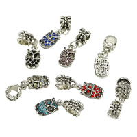 European stile Zinc Alloy pendenti, lega in zinco, Gufo, placcato color argento, senza filo & con strass & Annerire, nessuno, assenza di nichel,piombo&cadmio, 8x14x2mm, 6x11x7mm, Foro:Appross. 5mm, 100PC/lotto, Venduto da lotto