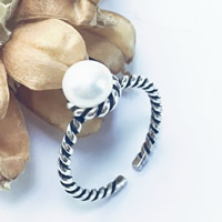 Thailand Sterling Silver Cuff finger ring, med Freshwater Pearl, naturlig, öppet, nickel, bly och kadmium gratis, 6mm, Storlek:6, 10PC/Lot, Säljs av Lot